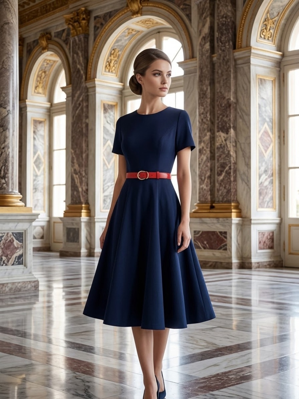 Calvin Klein Navy Midi Fit-and-Flare Dress with Red Belt